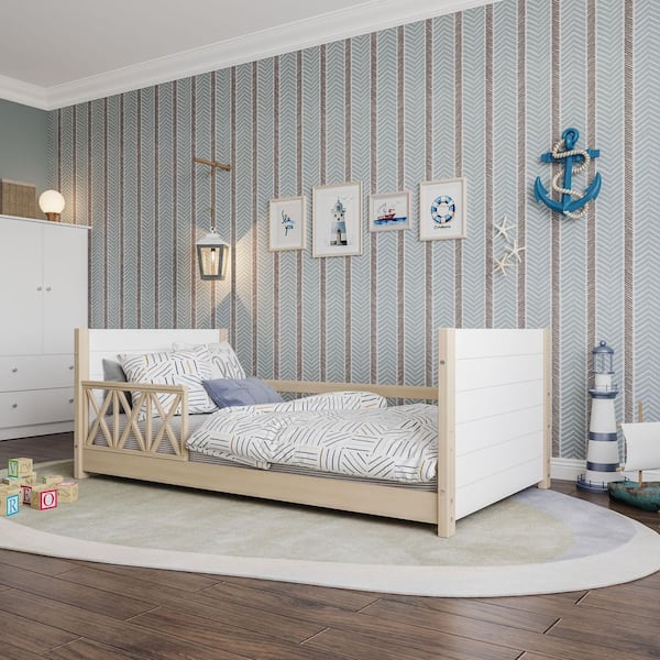 Cozy Montessori Natural and White Twin Daybed with Guardrails