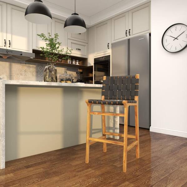 40 in. Black Teak Wood Woven Leather Seat and Back Bar Stool with Beam Footrest