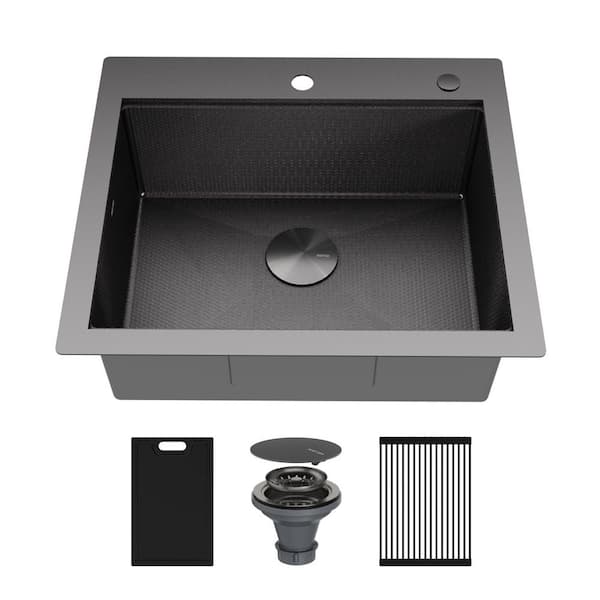 Matrix 25 in. Drop-In Single Bowl 16 Gauge Gunmetal Grey Stainless Steel Workstation Kitchen Sink