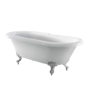 Claudia 67 in. Acrylic Double Roll Top Clawfoot Non-Whirlpool Bathtub in White with No Faucet Holes in Deck and BN Feet