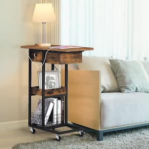 Side Table Small 11.8" Wood End Table Sofa Table with Storage Basket Rolling Casters C Shaped Table Tray, Rustic Brown