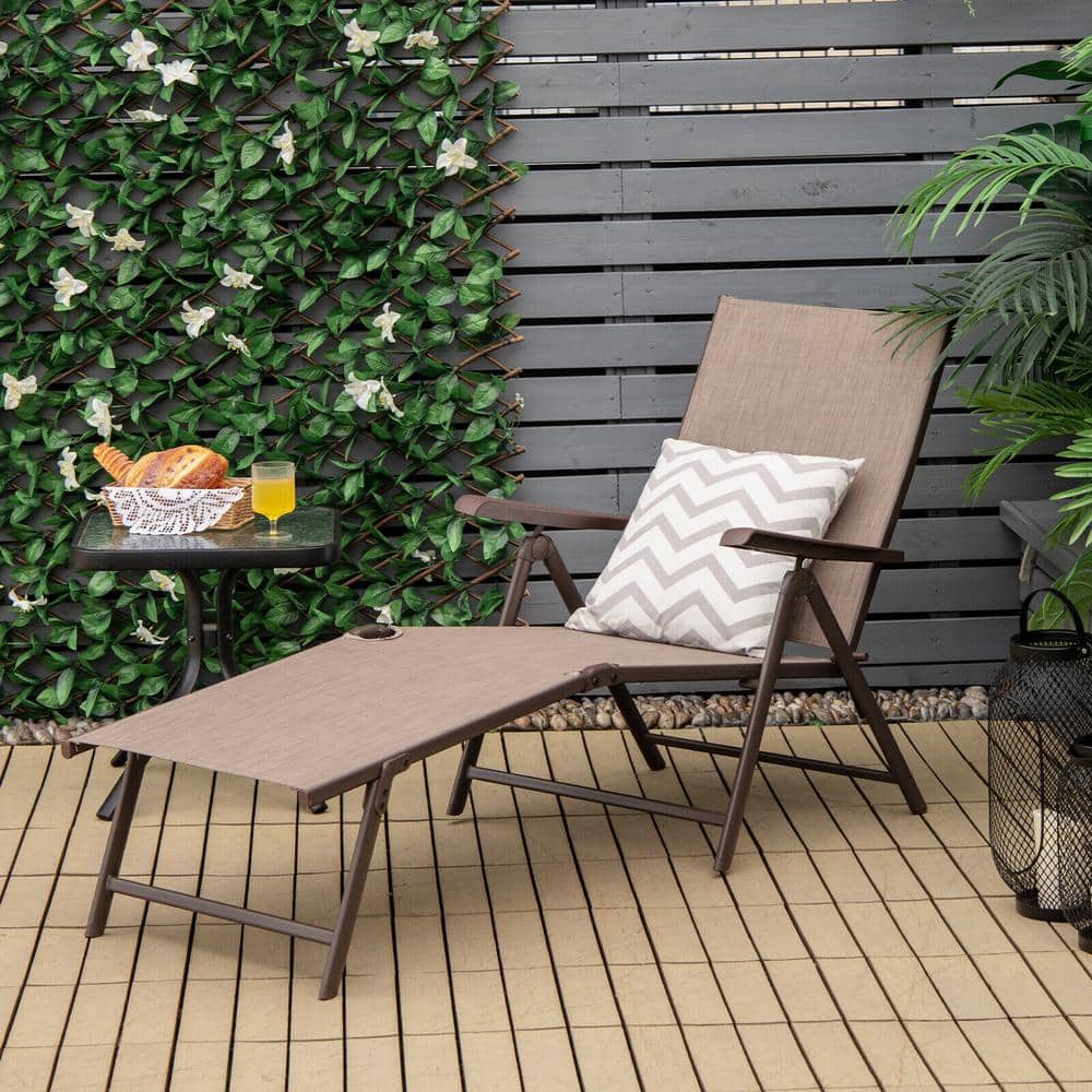 2-Piece Brown Foldable Metal Outdoor Chaise Lounges with 2-Position Footres
