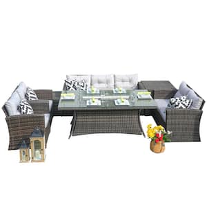 ELLE Brown 7-Piece Wicker Patio Fire Pit Conversation Set with Gray Cushions