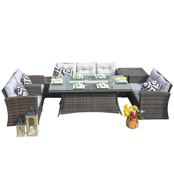 DIRECT WICKER ELLE Brown 7-Piece Wicker Patio Fire Pit Conversation Set with Gray Cushions