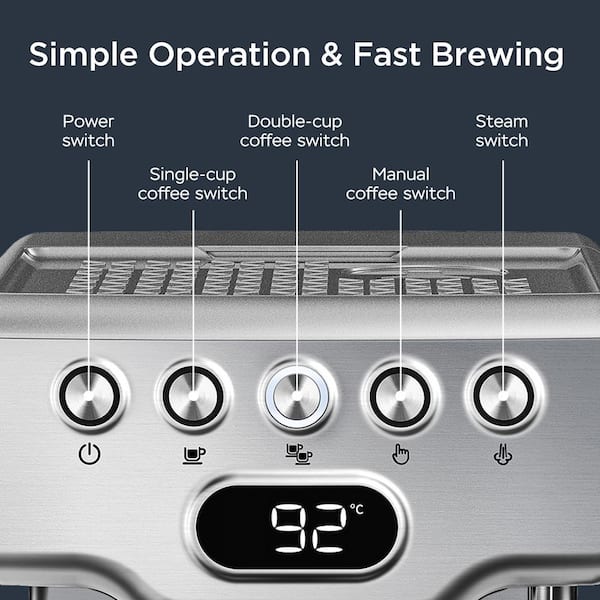 Kahomvis 2-Cup Silver 20-Bar Espresso Machine Coffee Maker with ESE Pod Filter, Milk Frother Steam Wand, Thermometer, Water Tank