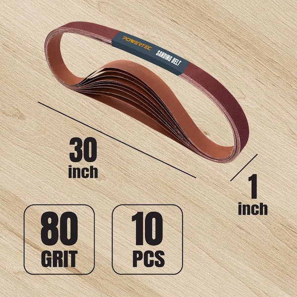 POWERTEC 111290 80 Grit Aluminum Oxide Sanding Belt 10 Pack 1 x 30