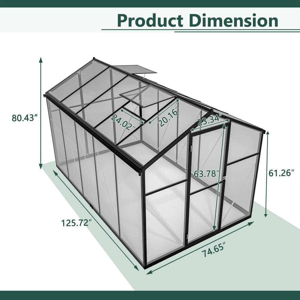 Black Aluminum Frame Walk-In Greenhouse with Polycarbonate Panels, 6' x 10'