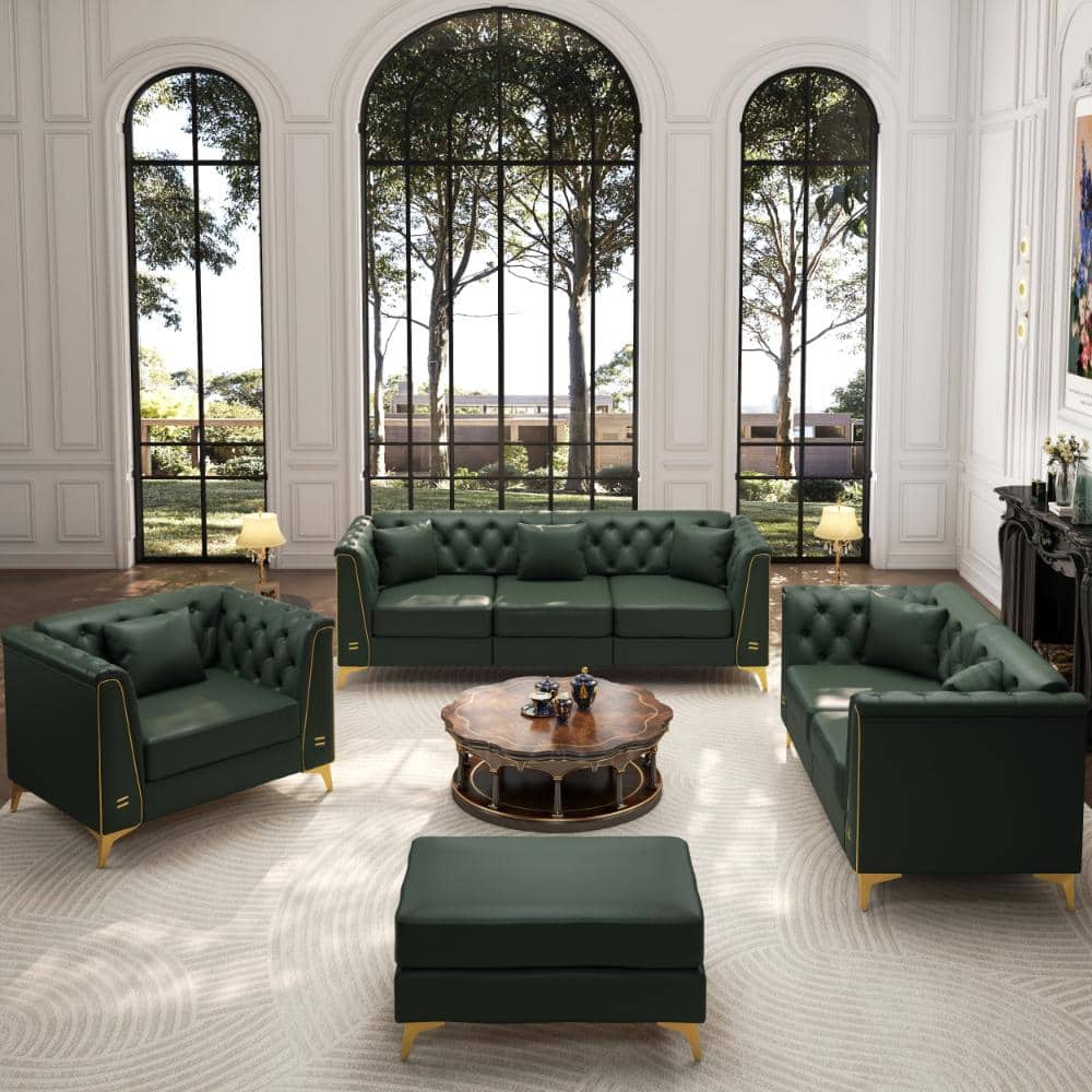 Green 81.5 in. Rolled Arm Modular Chesterfield Sofa Set with a 3-Seater, a Loveseat, a Single Sofa, 1 Ottoman, 5 Pillows