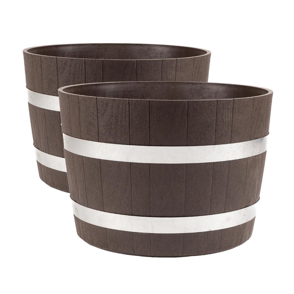 24" Brown Recycled Plastic Barrel Planters with Steel Bands, 2 Pack