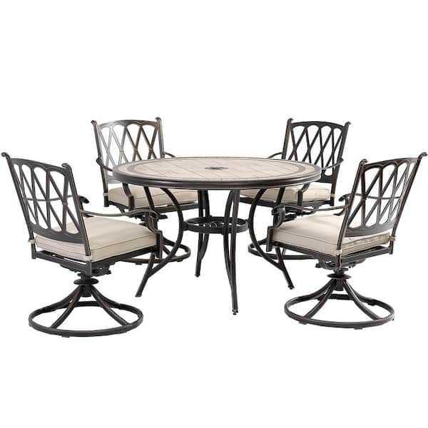 Mondawe 5-Piece Cast Aluminum Dining Set with Round Tile-Top Table and Direct-Net Backrest Swivel Chairs with Beige Cushion