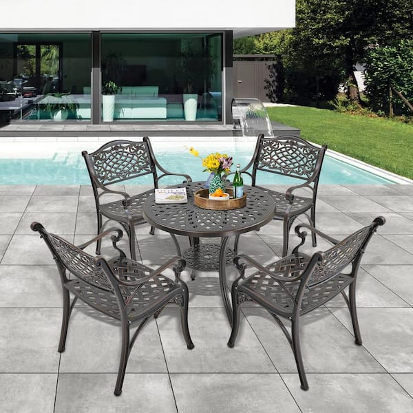 Bronze Frame 5-Piece Cast Aluminum Round Table with Umbrella Hole Bar Height Outdoor Dining Set