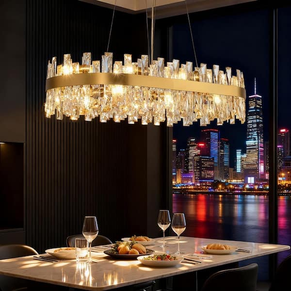 35.4 in. 12-Lights Gold Oval Crystal Chandelier, Modern Crystal Chandelier Pendant Light Fixture for Kitchen Island