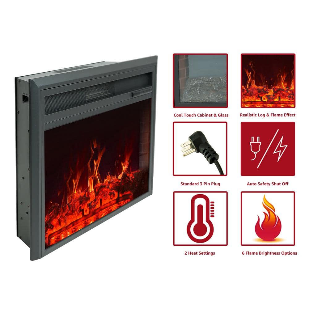 Black Steel 28" Electric Fireplace Insert with Remote