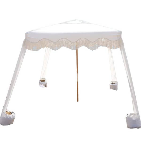 6 ft. x 6 ft. White Boho Beach Cabana with Fringe and Wood Pole