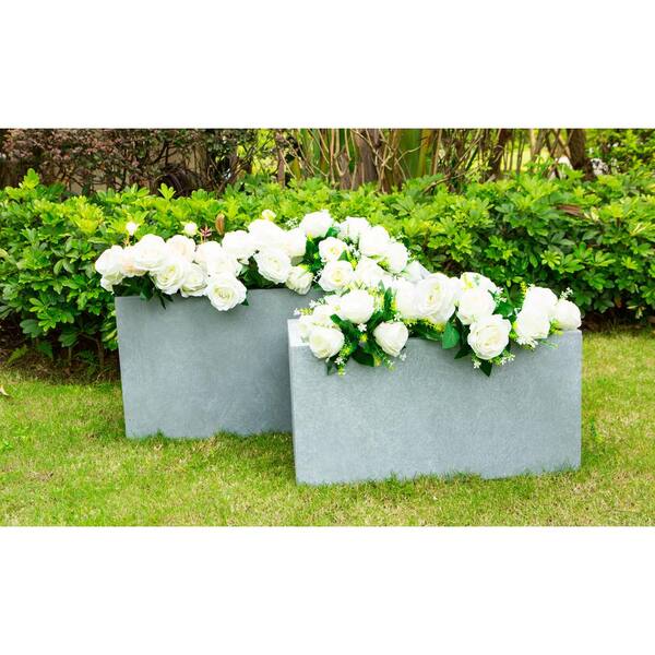KANTE 31 in. and 23 in. L Rectangular Slate Gray Concrete/Fiberglass Indoor Outdoor Elegant Planters (Set of 2)