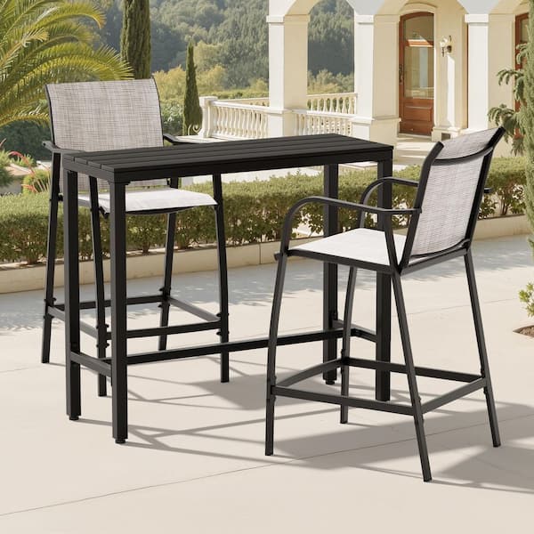 3-Piece Outdoor Serving Bar Set Metal Frame Bar Table with Wood-Plastic Composite Top and 2-Bar Stools Textilene in Gray