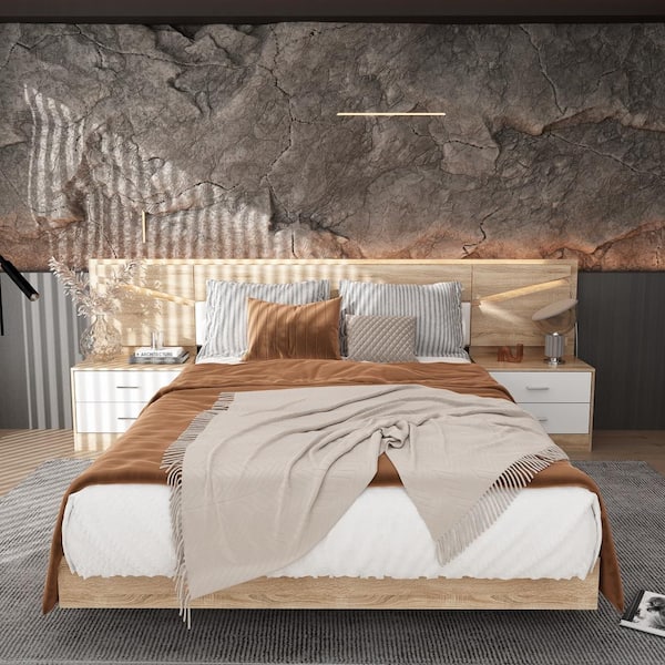 FUFU&GAGA Brown Metal Frame Queen Size Bed Platform Bed With LED Lights Headboard, 2 Nightstand, Bluetooth or Remote Control