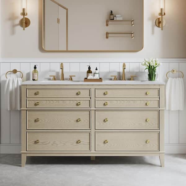 60 in. Oak Solid Wood Bath Vanity with White Quartz Top, Double Sinks, Soft-Close Drawers, CUPC Certified, Assembled