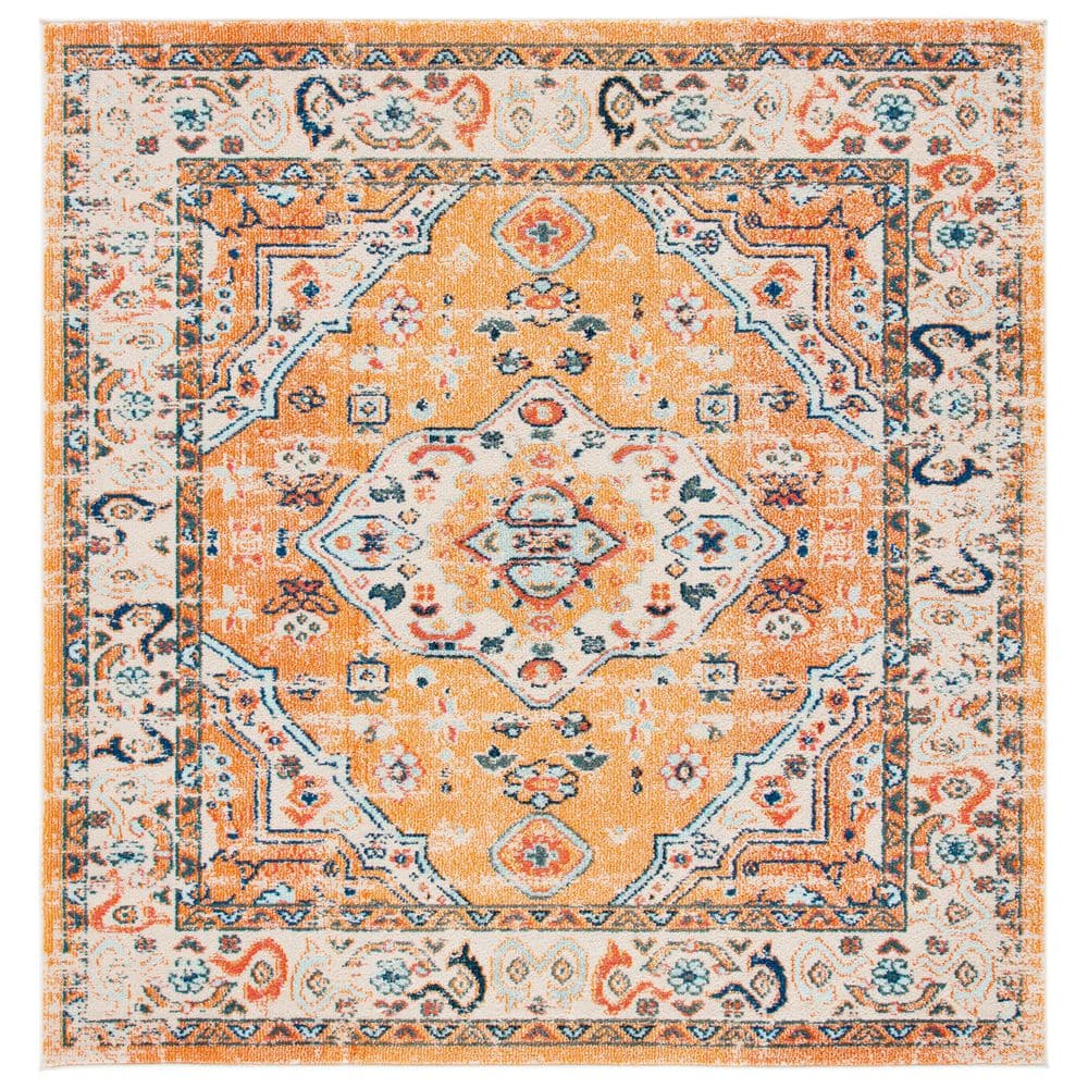 Ivory and Orange Square Synthetic Flat Woven Area Rug