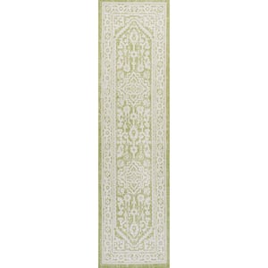 Sinjuri Medallion Textured Weave Green/Cream 2 ft. x 10 ft. Indoor/Outdoor Area Rug