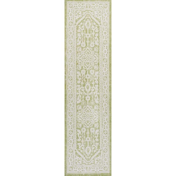 Sinjuri Medallion Textured Weave Green/Cream 2 ft. x 10 ft. Indoor/Outdoor Area Rug
