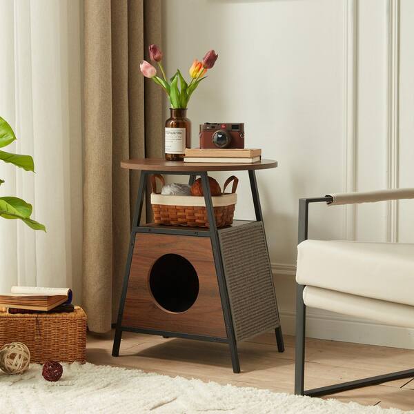 Metal and Wood Pet Side Table Hidden Cat Room with Storage Shelf for