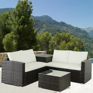 4-Piece Black Wicker Outdoor Sectional Set with Beige Cushions and Storage Box