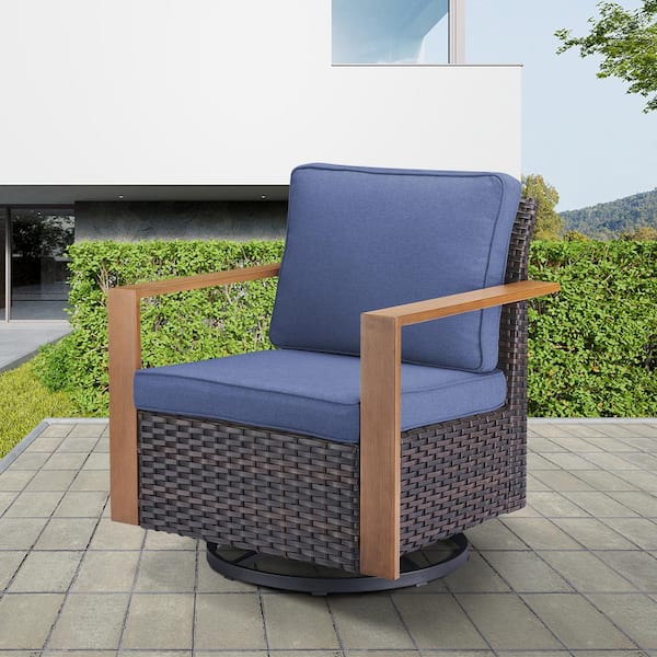 Cube Edge 7-Piece Brown Wicker Patio Conversation Set with Olefin Blue Cushions and Ottomans/ Patio Swivel Gliders
