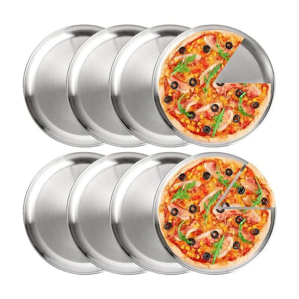 8 Pack Stainless Steel Pizza Pan Set Round Bakeware Non-Stick Pizza Tray Reusable for Kitchen Restaurant