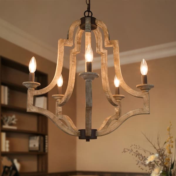 23.2 in. 5-Light Farmhouse Wood Kitchen Island Chandelier, French Country Candlestick Dining Room Foyer Chandelier