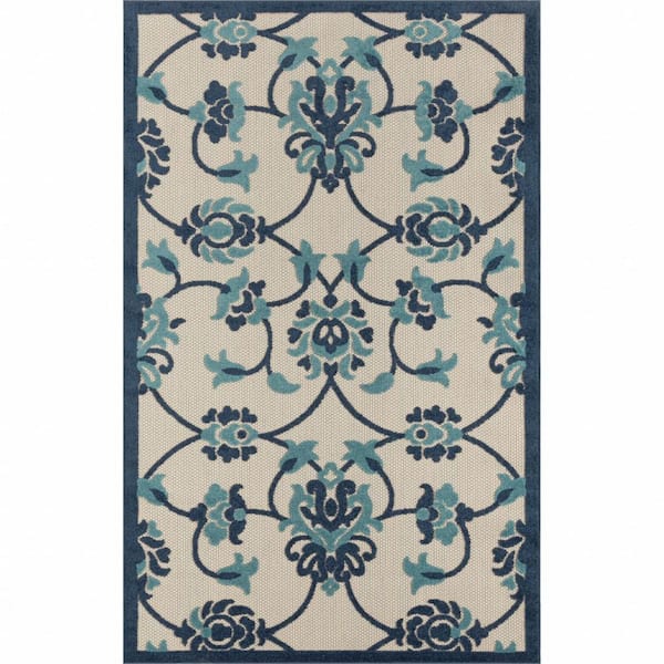 Blue 4 ft. x 6 ft. Woven Floral Polypropylene Rectangle Indoor/Outdoor Area Rug