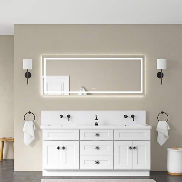72 in.W x 28 in.H Rectangular Framed Anti-Fog Dimmable Front and Backlit LED Wall Bathroom Vanity Mirror in Brushed Gold