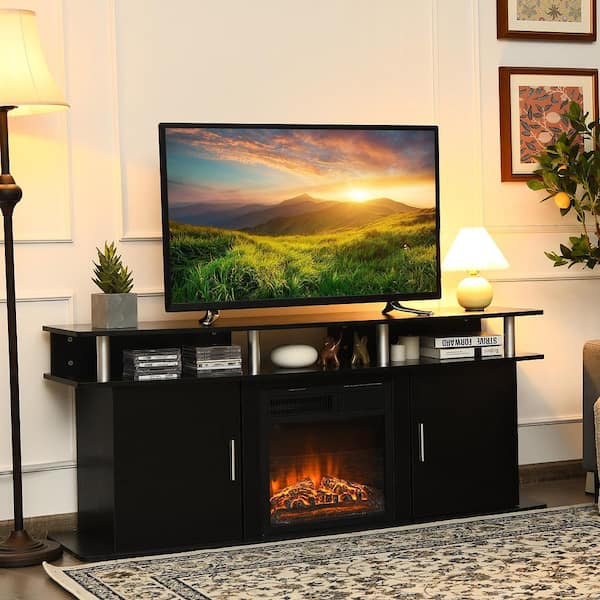 63 in. Black TV Stand Entertainment Console Center Fits TV's Up to 70'' W/2 Cabinets