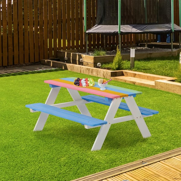 GOGEXX 35 in.L x 13 in.W x 19 in.H Kids Picnic Table Outdoor Rainbow Wooden Table and Chair Set, Kids Activity Sensory Table