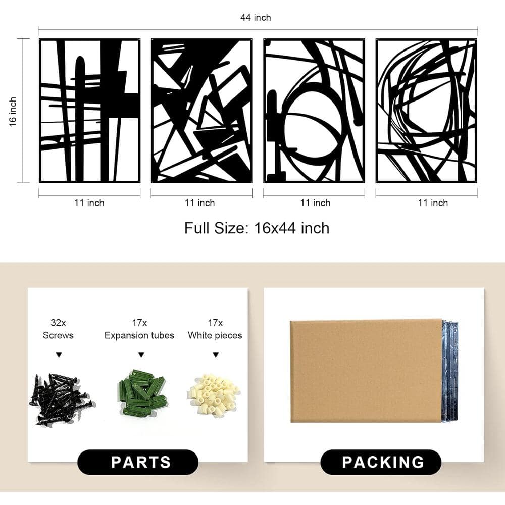 Black Abstract Metal Wall Art Set of Four, 16 x 11 Inches