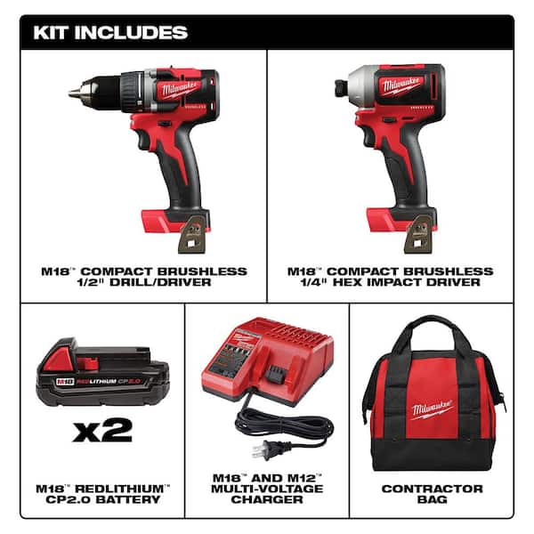 M18 18V Lithium-Ion Brushless Cordless Compact Drill/Impact Combo Kit (2-Tool) W/ (2) 2. 0Ah Batteries, Charger & Bag