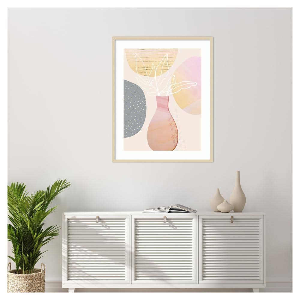 Mid-Century Abstract Pastel Botanical Lithograph with Brown Frame