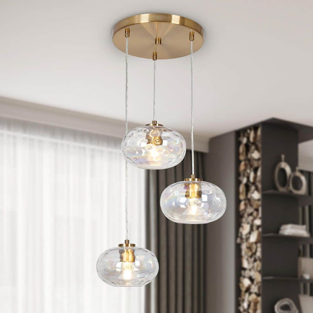 Modern Brass and Crystal 3-Light Cluster Pendant Chandelier
