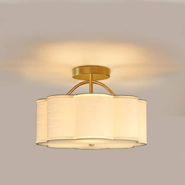 13 in. 3-Light Gold Semi Flush Mount Ceiling Light, Modern Ceiling Fixture with Fabric Flower Shade for Bedroom, Nursery