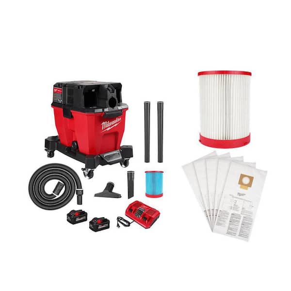 Milwaukee M18 FUEL 9 Gal. Cordless Dual-Battery Wet/Dry Shop Vacuum Kit withHE Filter, HEPA Filter and (5-Pack) Fleece Dust Bags