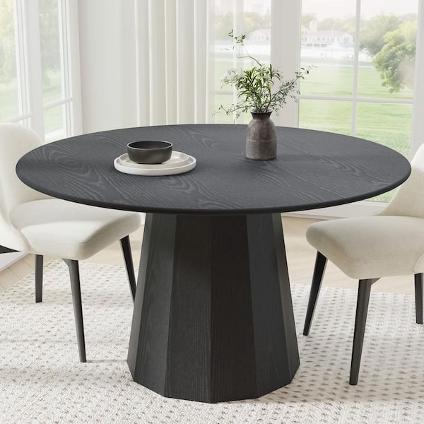 Lirago Cone Black Colored Wood 52 in. Column Base Round Edge Dining Table for 6