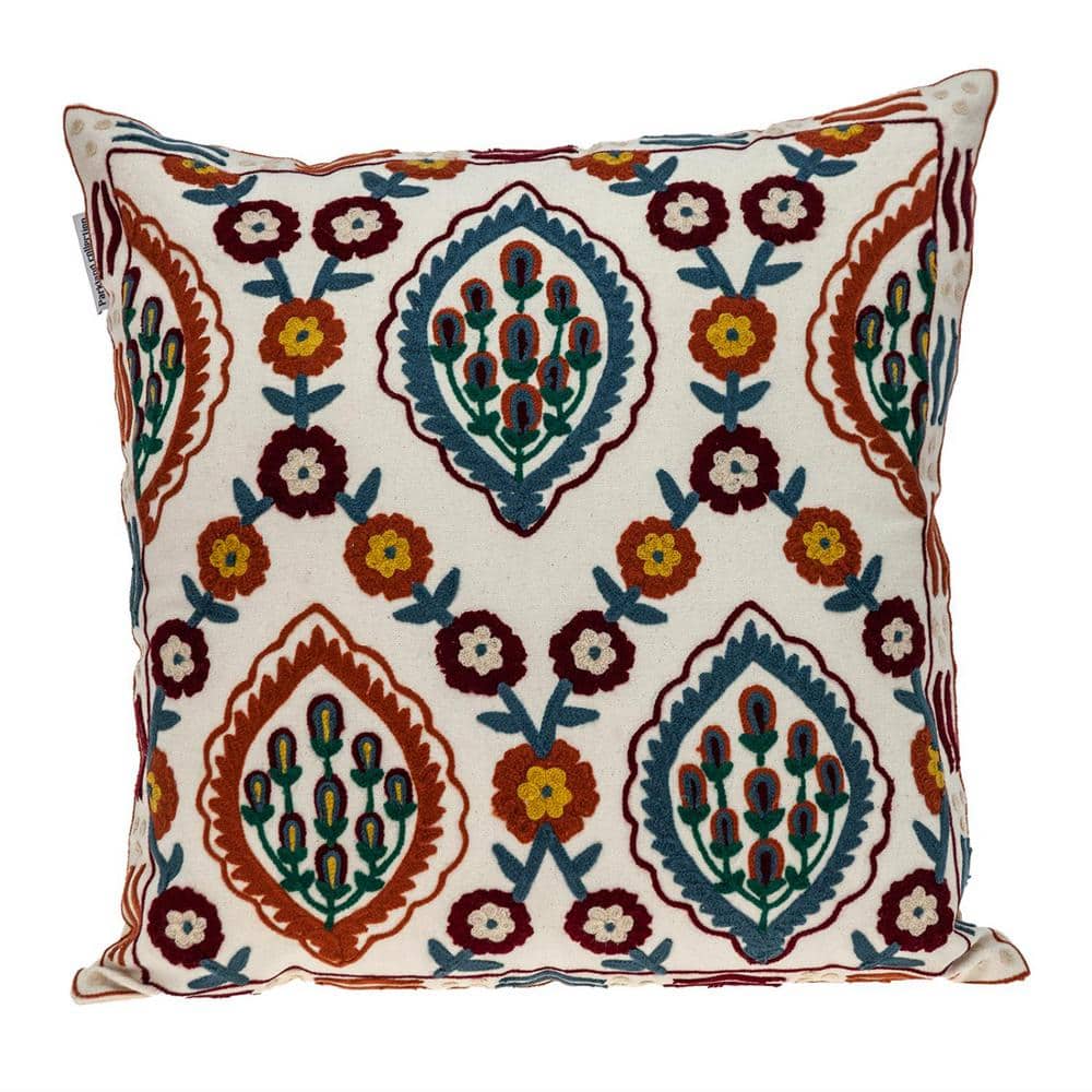 Florina Beige and Multicolor Cotton Embroidered Square Pillow