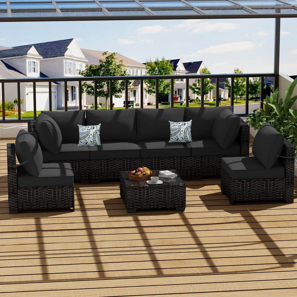 7-Piece PE Wicker Outdoor Sectional Sofa U-Shaped Conversation Set with Dark Gray Cushions, Tempered Glass Coffee Table price history on PriceWatchPro