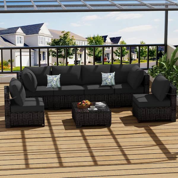 7-Piece PE Wicker Outdoor Sectional Sofa U-Shaped Conversation Set with Dark Gray Cushions, Tempered Glass Coffee Table