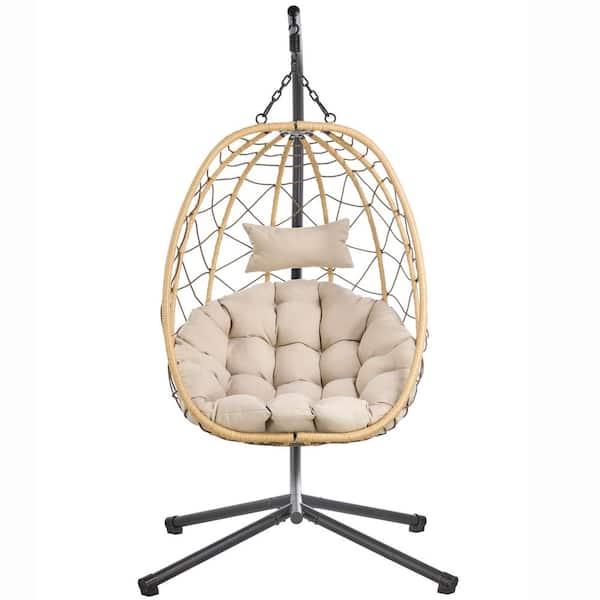 Leisuremod Hanging Egg Swing Chair with Brown Stainless Steel Metal Stand with Removable Cushion in Beige Foldable Round Shell