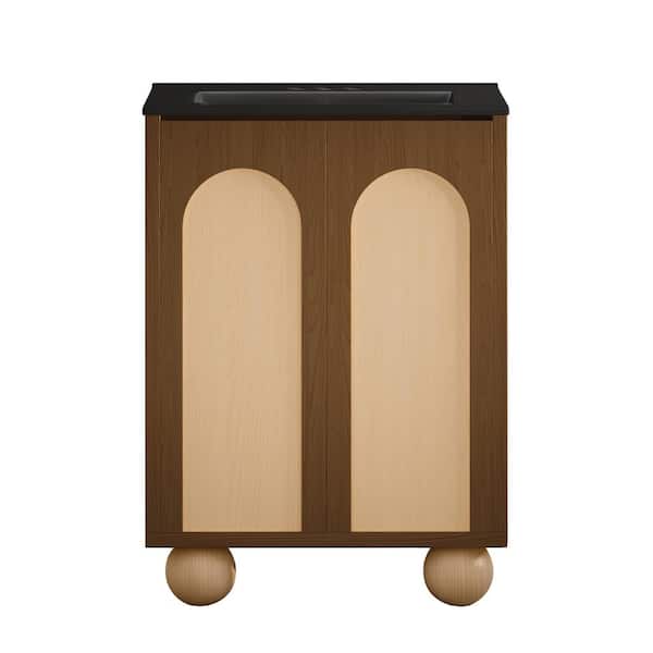 Swiss Madison Plaisir II 24 in. Freestanding Bathroom Vanity in Brown Oak with Black Ceramic 3-Hole Center Set Sink Top