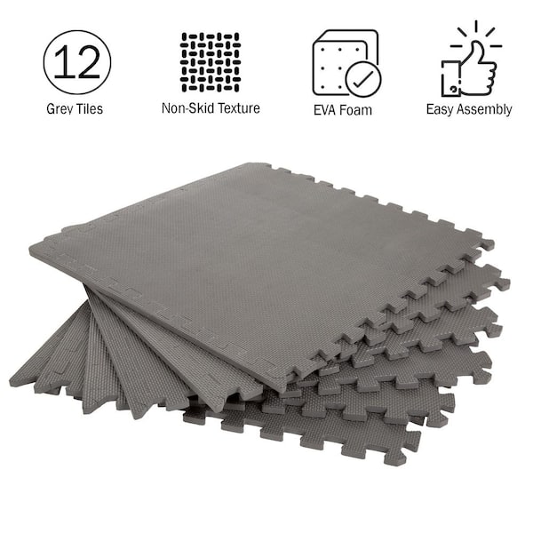 48 Square Feet / 12 Interlocking Foam Tiles Thick Exercise Mat - Soft  Supportive Cushion for Exercising or Gym Equipment Floor Protection, Non- Skid Texture & Water Resistant, Gray Color 
