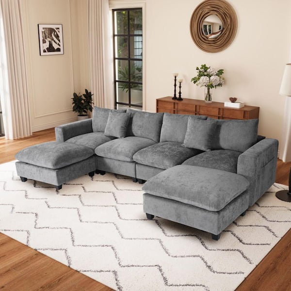 Lucca 128 in. Square Arm 6-Piece Plush Chenille Modular Sectional Sofa Ottoman Set with USB Charge Port in Gray