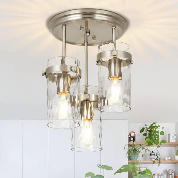 Essel 9.84 in. 3-Light Brushed Nickel Modern Semi-Flush Mount With Hammered Glass Shade and No Bulbs Included