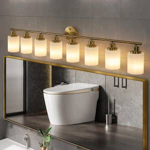 52 in. 8-Light Gold Vanity Lights Fixture with Frosted Glass Shades and No Bulbs Included